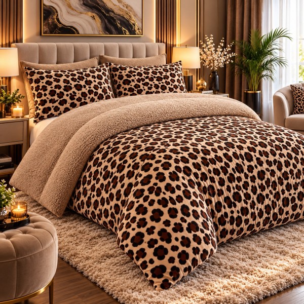 Pilota Cocolino cu Blăniță 200x230 cm + 2 Fețe de Pernă – Imprimeu Leopard Maro, PDC-010