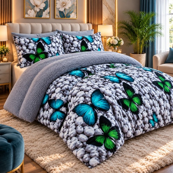 Pilota cu Blăniță 200x230 cm + 2 Fețe de Pernă – Model Fluturi Verde și Albastru pe Fundal cu Pietre, PDC-007 Pilota cu Blăniță 200x230 cm + 2 Fețe de Pernă – Model Fluturi Verde și Albastru pe Fundal cu Pietre, PDC-007