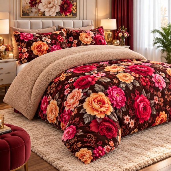 Pilotă Cocolino cu Blăniță 200×230 cm + 2 Fețe de Pernă – Model Floral Bordo, PDC-038 Pilotă Cocolino cu Blăniță 200×230 cm + 2 Fețe de Pernă – Model Floral Bordo, PDC-038
