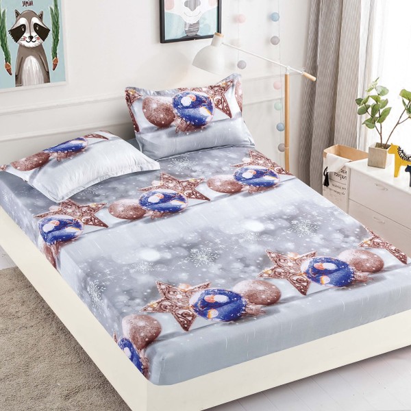Set Cearșaf cu Elastic din Bumbac Finet 180x200 cm + 2 Fețe de Pernă – Model Crăciun cu Globuri și Steluțe, Gri, LTC-048 Set Cearșaf cu Elastic din Bumbac Finet 180x200 cm + 2 Fețe de Pernă – Model Crăciun cu Globuri și Steluțe, Gri, LTC-048