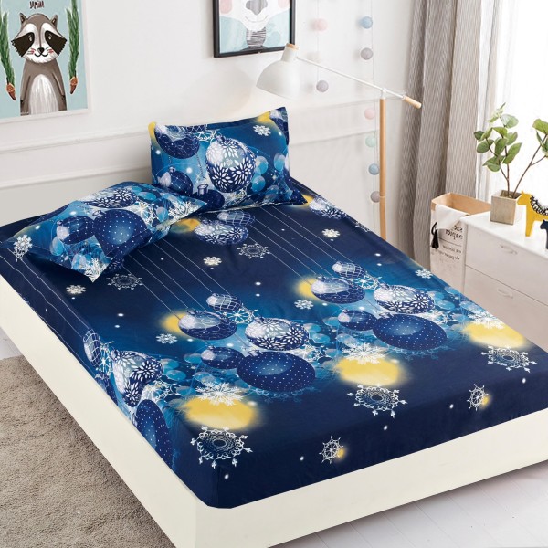Set Cearșaf cu Elastic din Bumbac Finet 180x200 cm + 2 Fețe de Pernă – Globuri și Fulgi de Nea, Albastru Închis, LTC-051 Set Cearșaf cu Elastic din Bumbac Finet 180x200 cm + 2 Fețe de Pernă – Globuri și Fulgi de Nea, Albastru Închis, LTC-051