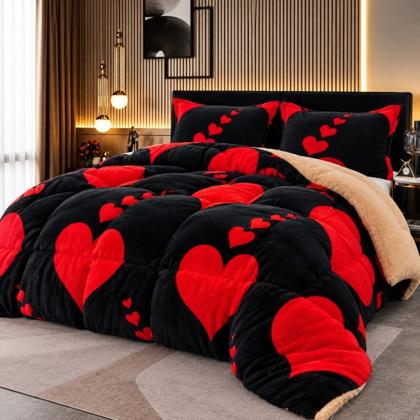 Pilotă Cocolino cu Blană 200x230 cm + 2 Fețe de Pernă – Model Inimi Roșii pe Fundal Negru, PDC-051
