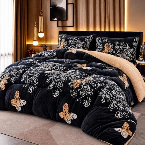 Pilotă Cocolino cu Blană 200x230 cm + 2 Fețe de Pernă – Model Fluturi Aurii și Flori Albe, Negru, PDC-022
