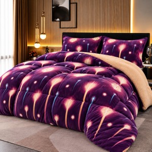 Pilotă Cocolino cu Blană 200x230 cm + 2 Fețe de Pernă – Model Păpădie Luminoasă, Mov, PDC-111