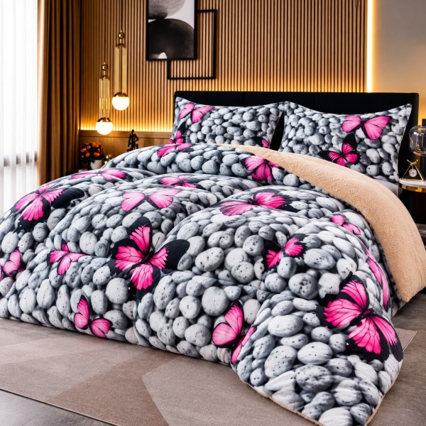 Pilotă Cocolino cu Blană 200x230 cm + 2 Fețe de Pernă – Model Fluturi Roz și Pietre Decorative Gri, PDC-004