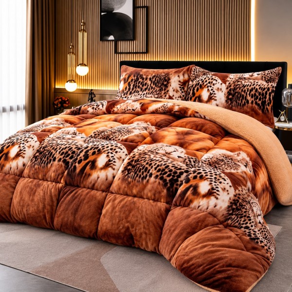 Pilotă Cocolino cu Blăniță 200x230 cm + 2 Fețe de Pernă – Model Leopard, Maro Caramel, PDC-062