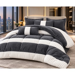 Lenjerie cu Pilotă Inclusă și Cearșaf cu Elastic, 6 Piese, Blană de Iepure Artificială – Model Dungi, Gri Inchis, LCE-042