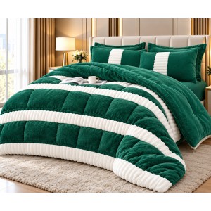 Lenjerie cu Pilotă Inclusă și Cearșaf cu Elastic, 6 Piese, Blană de Iepure Artificială – Model Dungi, Verde, LCE-047