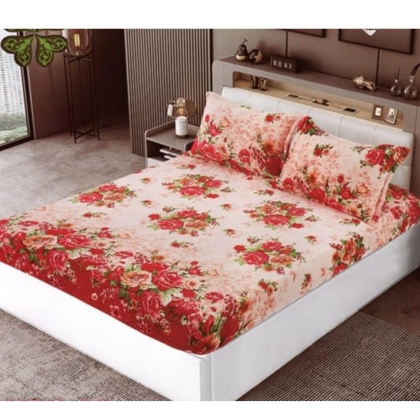 Cearsaf cu elastic COCOLINO, 180x200x25cm, plus 2 fete de perne, Rosu-Crem, flori, HC-037