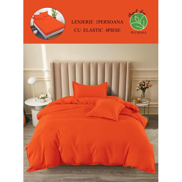 Lenjerie de Pat din Finet, 4 Piese, Pat 1 Persoana, cu ELASTIC, Portocaliu, LFS-060