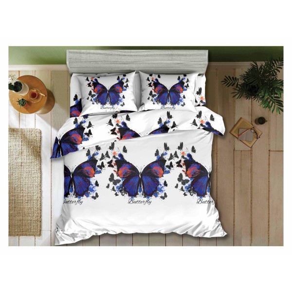 Set Lenjerie de Pat din Bumbac Satinat, 4 Piese, Pat 2 Persoane, Imprimeu 3D Identic cu Poza, Alb-Blue, fluturi, LSD-016