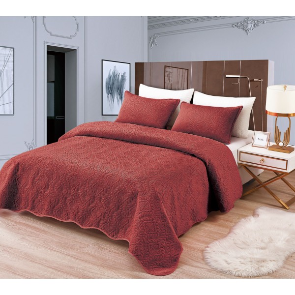 Set Cuvertura de Pat din Catifea, 3 Piese, Pat 2 Persoane, Caramiziu, CCV-060
