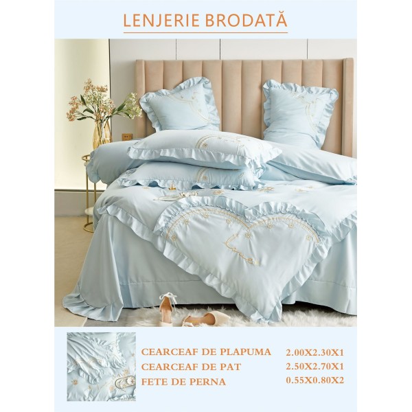 Lenjerie brodata pentru pat dublu, BUMBAC-FINET-FIN, 4 piese, cu VOLANASE, Blue, LFB-019 Lenjerie brodata pentru pat dublu, BUMBAC-FINET-FIN, 4 piese, cu VOLANASE, Blue, LFB-019