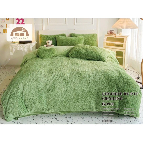 Lenjerie Fluffy Verde deschis 6 Piese Pat Dublu – Moale, Călduroasă și Elegantă, LCF-016