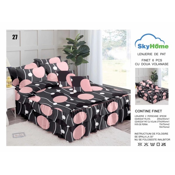 Lenjerie pat dublu, BUMBAC FINET, 6 piese, cu VOLANASE, Gri-Roz, cercuri, LDV-013