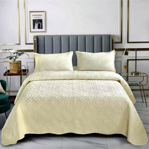 Set Cuvertura de Pat din Catifea, 3 Piese, Pat 2 Persoane, Crem, CCV-121