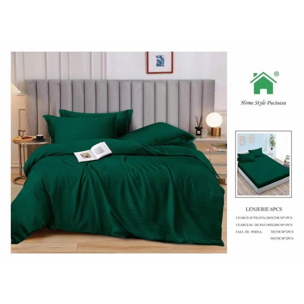 Lenjerie, pat dublu, cu ELASTIC, Damasc Finetat, 6 piese, Verde smarald, LDS-073