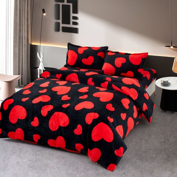 Lenjerie pat dublu, Super Pufoasa COCOLINO, 4 piese, Rosu-Negru, inimi, LDC-069