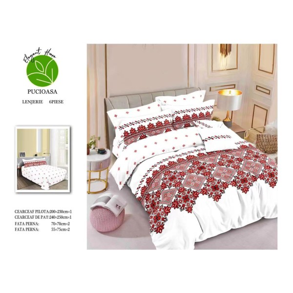 Lenjerie de pat din Finet, Jojo, 6 Piese, Pat 2 Persoane, Persoane, Alb-Rosu-Negru, model traditional, LDF-141