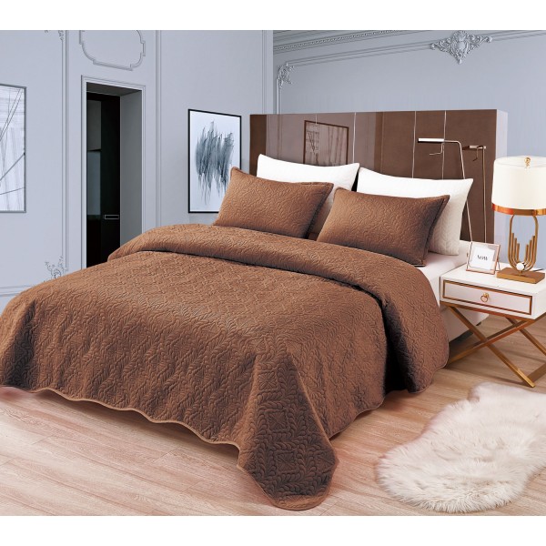 Set Cuvertura de Pat din Catifea, 3 Piese, Pat 2 Persoane, Maro inchis, CCV-085