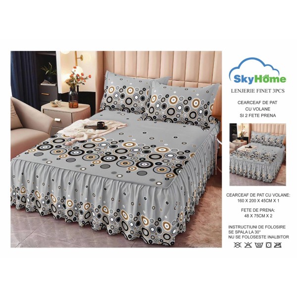 Cearsaf cu volanase, Bumbac FINET, plus  2 fete de perne 50x70cm,  Gri-Negru, cercuri, LDBS-175