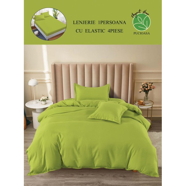 Lenjerie de Pat din Finet, 4 Piese, Pat 1 Persoana, cu ELASTIC, Verde, LFS-063