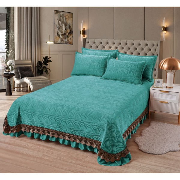 Cuvertura Din CATIFEA UNI Cu 2 Fete De Perna, cu volane, Albastru, CCV-021