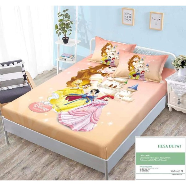 Set Husa de pat cu elastic, Bumbac Finet, 160x200cm, plus 2 fete de perne, Multicolor, Princess, HPC-016