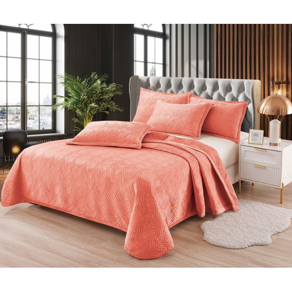 Set Cuvertura de Pat din Catifea, 3 Piese, Pat 2 Persoane, Somon, CCV-026