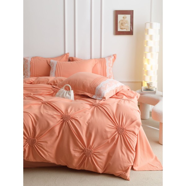 Lenjerie pat dublu finet 6 piese cu pliuri, inimioare și broderie-somon, LIB-033