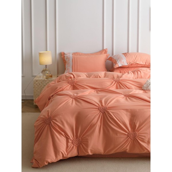 Lenjerie pat dublu finet 6 piese cu pliuri, inimioare și broderie-somon, LIB-033