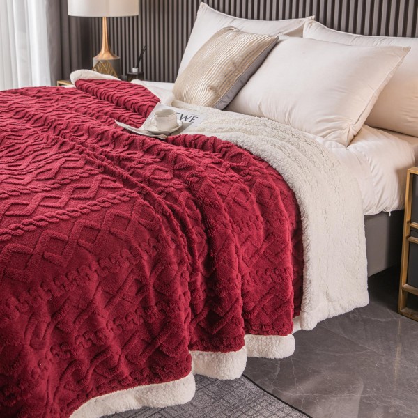 Patura Cocolino cu Blanita, Model Tricotat, Pat 2 Persoane, 200x230 cm, Bordo, PCT-003