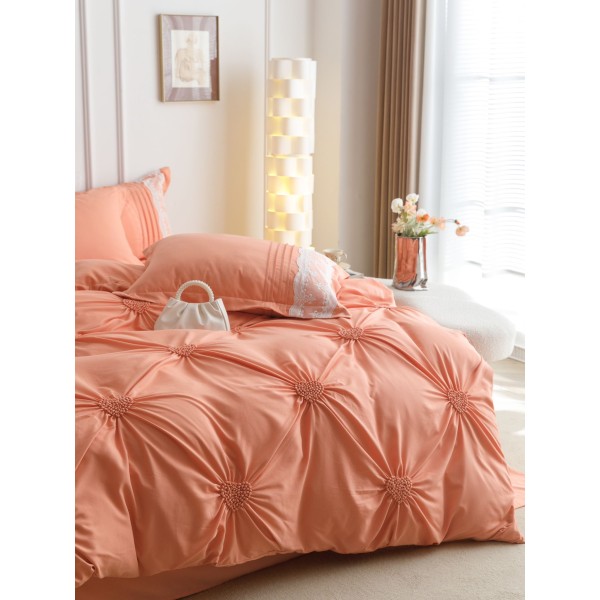 Lenjerie pat dublu finet 6 piese cu pliuri, inimioare și broderie-somon, LIB-033