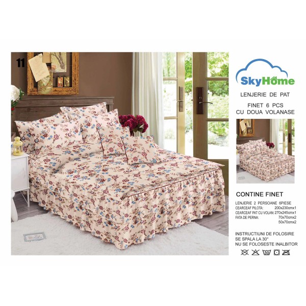 Lenjerie pat dublu, BUMBAC FINET, 6 piese, cu VOLANASE, Crem-Multicolor, flori, LDV-011