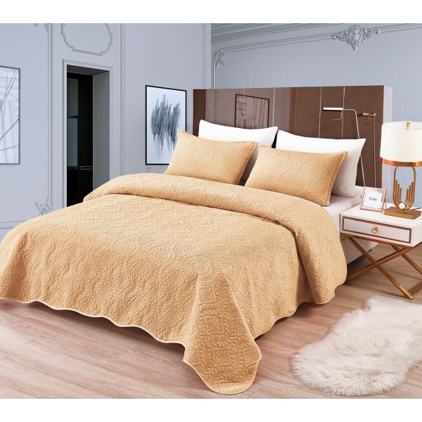 Set Cuvertura de Pat din Catifea, 3 Piese, Pat 2 Persoane, Bej, CCV-059