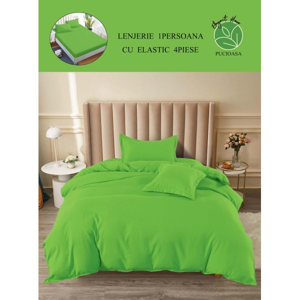 Lenjerie de Pat din Finet, 4 Piese, Pat 1 Persoana, cu ELASTIC, Verde aprins, LFS-064