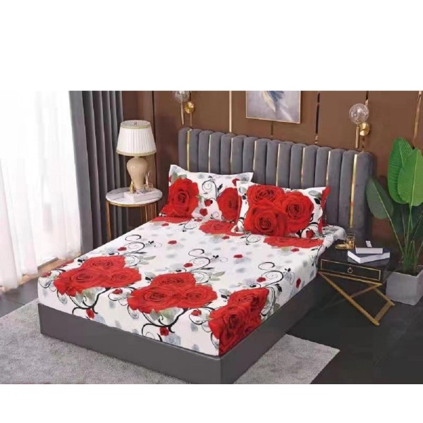 Cearsaf cu elastic COCOLINO, 180x200x25cm, plus 2 fete de perne, Alb-Rosu, flori, HC-040