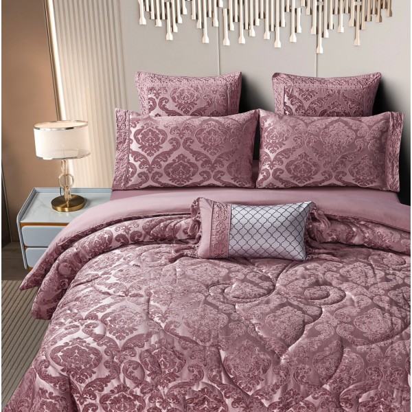 Lenjerie de pat cu elastic si pilota inclusa, bumbac tip jacquard, pat dublu, 7 piese, Roz inchis, PJD-04