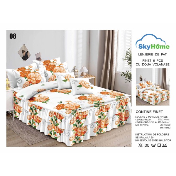 Lenjerie pat dublu, BUMBAC FINET, 6 piese, cu VOLANASE, Alb-Multicolor, flori, LDV-002