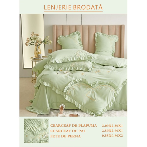 Lenjerie brodata pentru pat dublu, BUMBAC-FINET-FIN, 4 piese, cu VOLANASE, Vernil, LFB-022 Lenjerie brodata pentru pat dublu, BUMBAC-FINET-FIN, 4 piese, cu VOLANASE, Vernil, LFB-022
