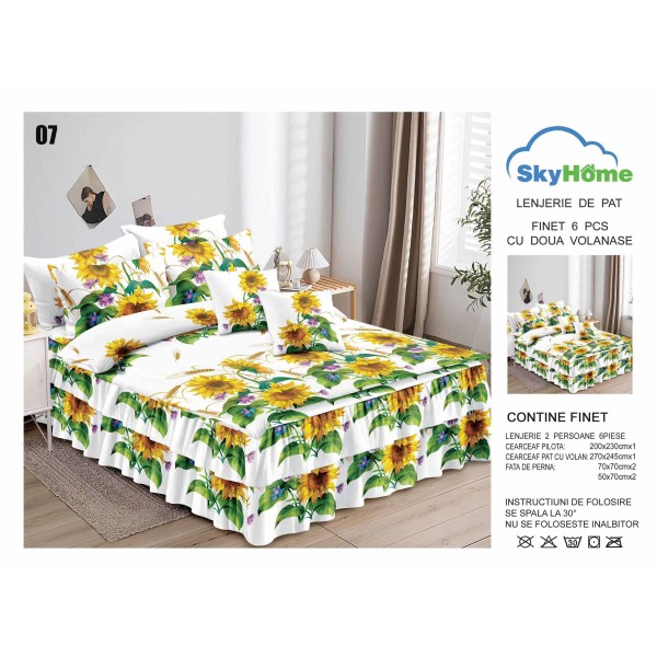 Lenjerie pat dublu, BUMBAC FINET, 6 piese, cu VOLANASE, Alb-Multicolor, flori, LDV-003