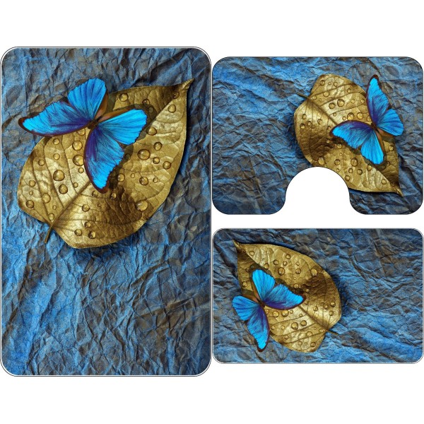 Set 3 Covorase Baie Antiderapante, Albastru-Auriu, frunze, fluturi, CAM-076