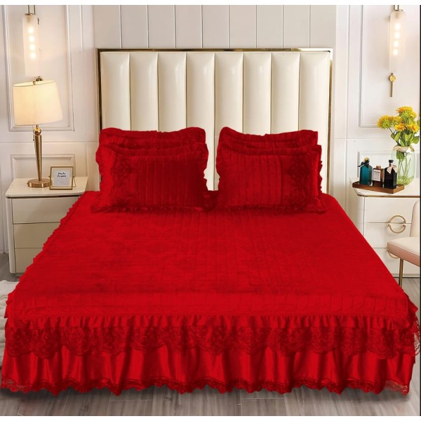 Cuvertura de Pat din Catifea + 2 Fete de Perna - Pat 2 Persoane, Rosu, CCB-013