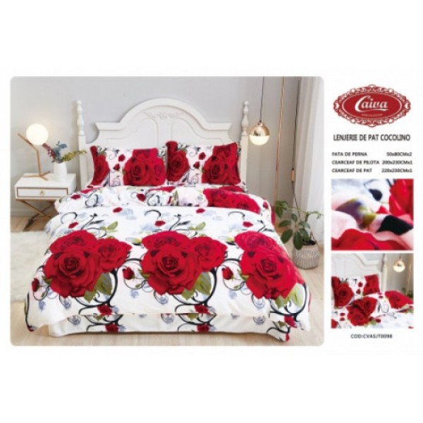Lenjerie pat cocolino 4 piese – pat dublu, trandafiri roșii mari pe fundal alb, LDC-010