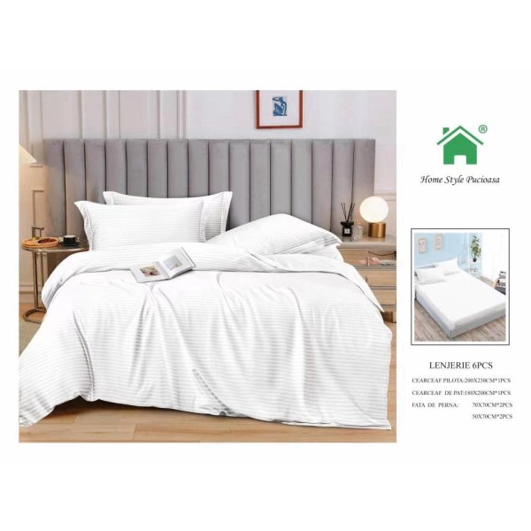 Lenjerie, pat dublu, cu ELASTIC, Damasc Finetat, 6 piese, Alb, LDS-049
