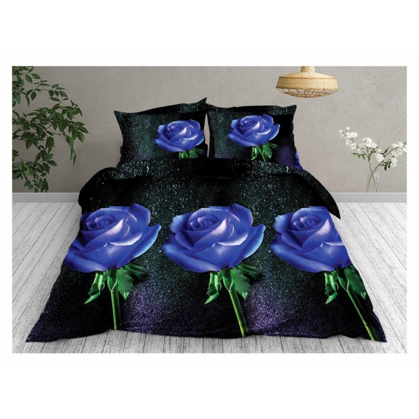 Set Lenjerie de Pat din Bumbac Satinat, 4 Piese, Pat 2 Persoane, Imprimeu 3D Identic cu Poza, Negru-Blue, flori, LSD-037