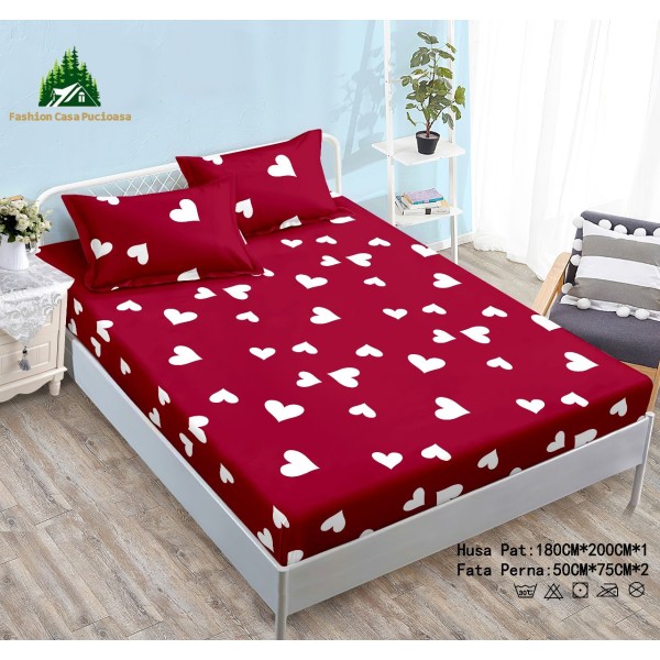 Cearșaf Cocolino cu Elastic 180x200 cm + 2 Fețe de Pernă – Model Inimi, Roșu, HC-066
