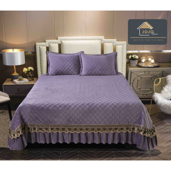 Cuvertura pat dublu, 3 piese, Catifea Matlasata cu Broderie Aurie, 250x270cm, Mov, CCB-027
