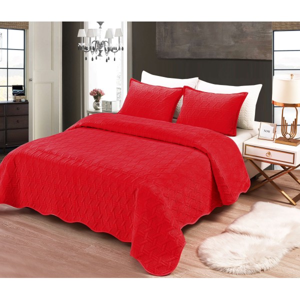 Set Cuvertura de Pat din Catifea, 3 Piese, Pat 2 Persoane, Rosu, CCV-094