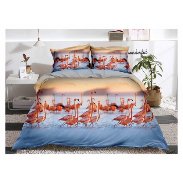Set Lenjerie de Pat din Bumbac Satinat, 4 Piese, Pat 2 Persoane, Imprimeu 3D Identic cu Poza, Bleu-Bej, pasari, LSD-028